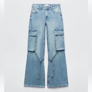 ZARA TRF BAGGY FLARE DENIM BELTED LEG CARGO JEANS  SZ 2